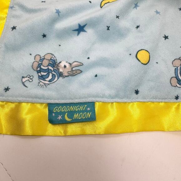 Goodnight Moon Gray Bunny Rabbit Blue Yellow Lovey Security Blanket Satin Trim - Picture 3 of 12